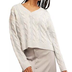 Free People Cable Knit Cream Sweater Women's Washed Cable-Knit V-Neck Sweater